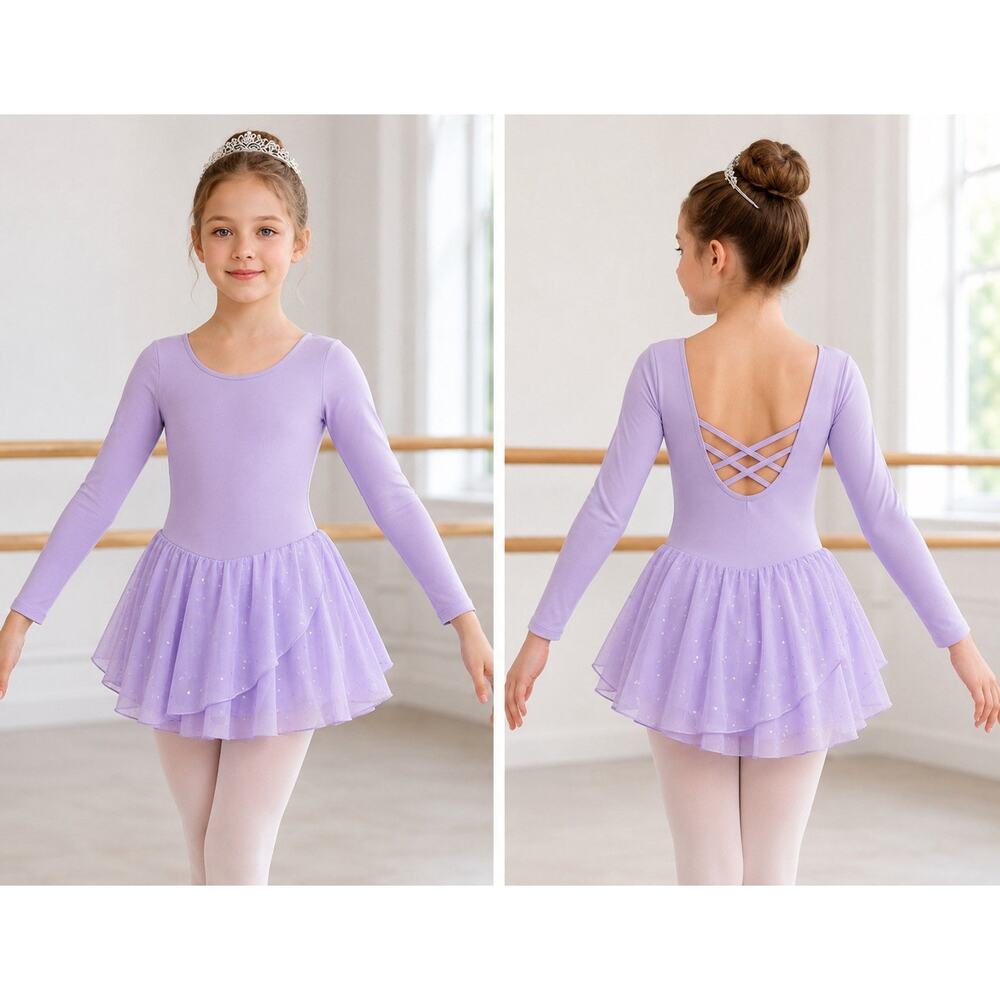 Zaclotre Girls Ballet Leotard Dress Size 160 US 14-16 Purple Sparkle NWT